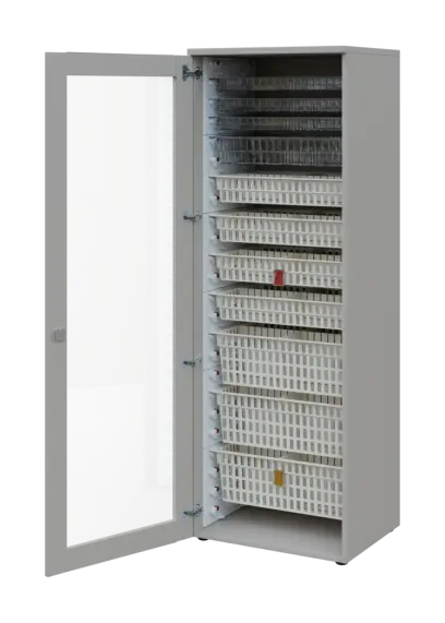 EUROMEDICA S - 66 skříň léková boxová, 1-dveřová/prosklená, levá, 1950x660x535, korpus šedý, dvířka šedá